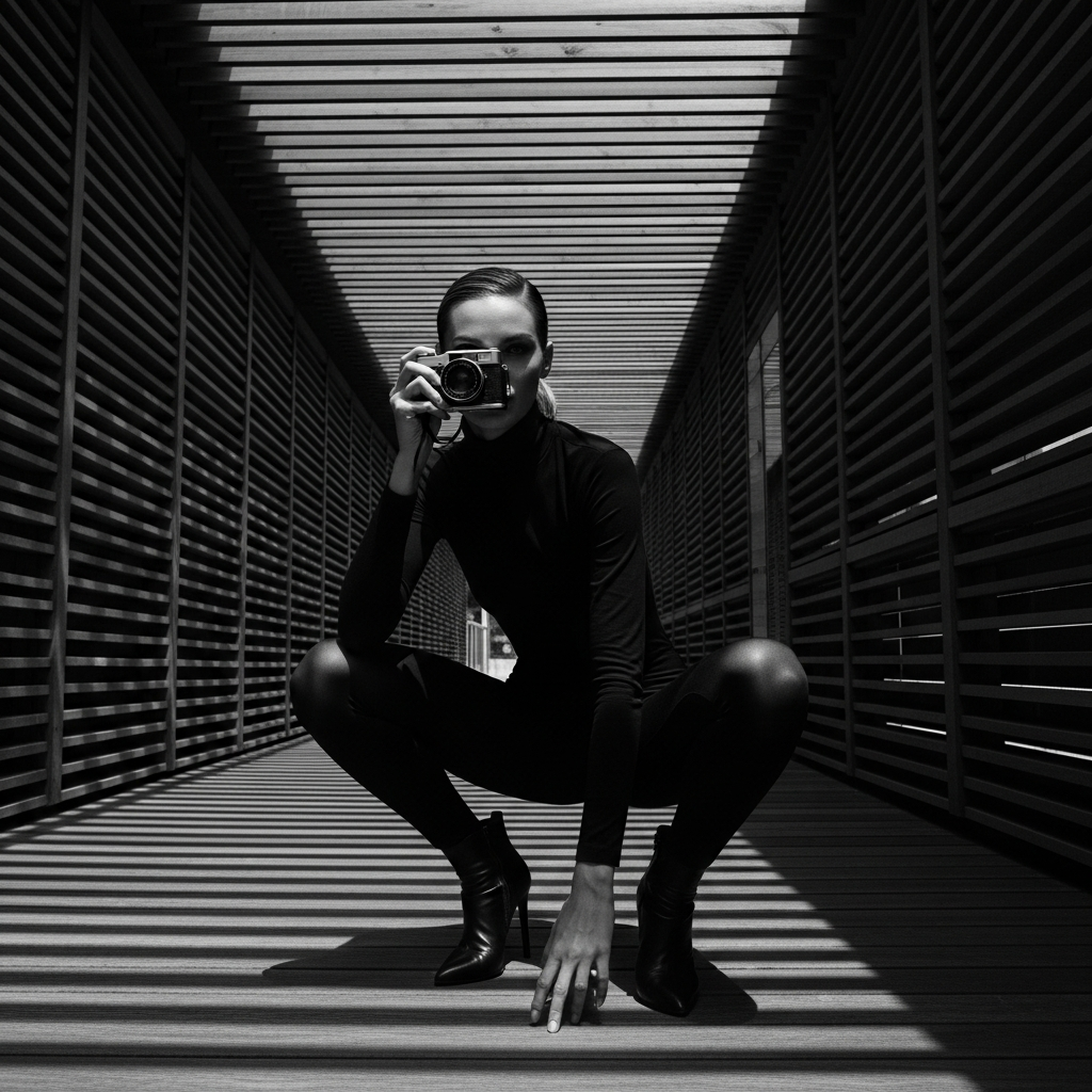 Google Imagen prompt: High-contrast black and white full-body photograph... - Google Imagen