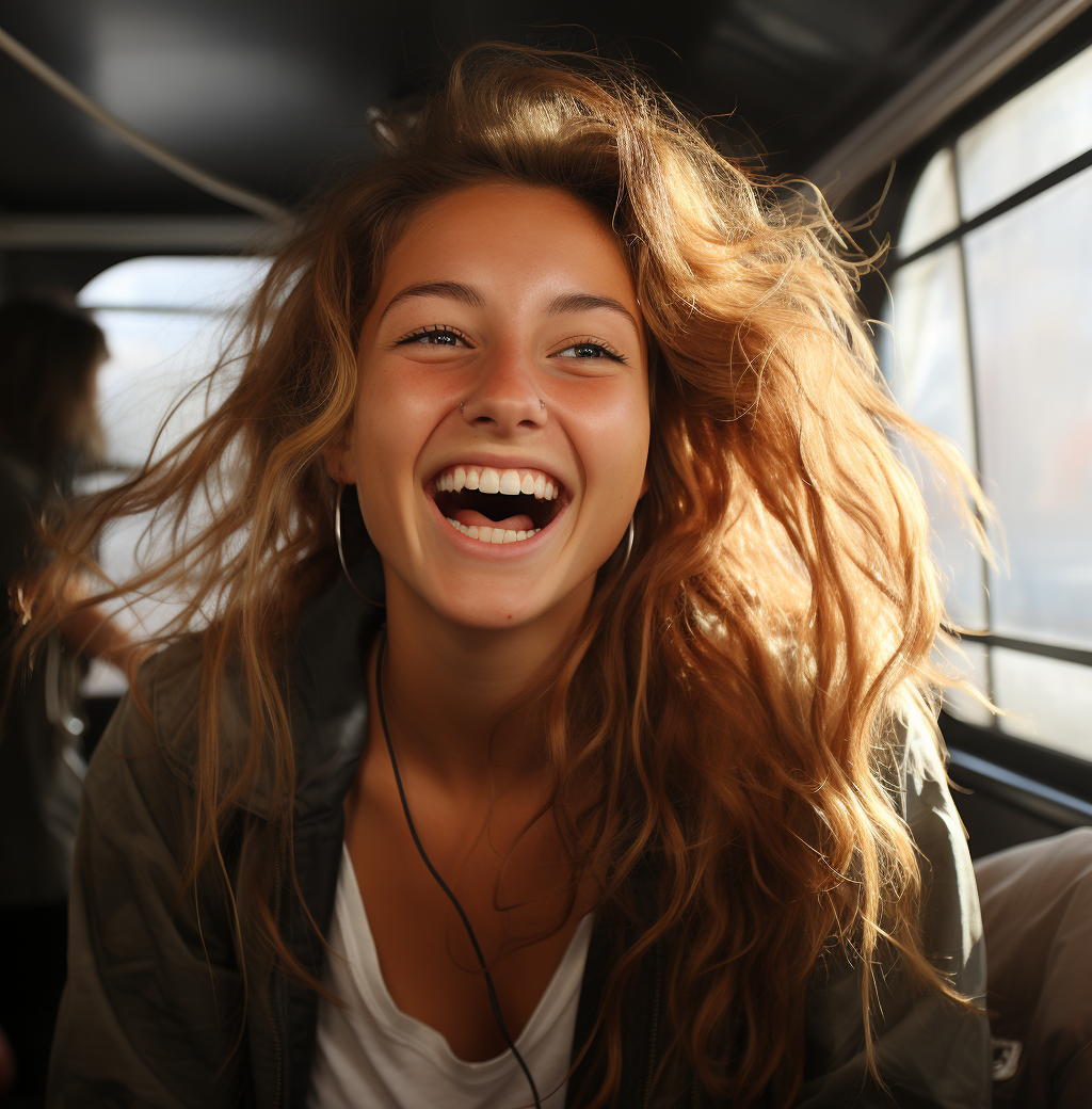 Midjourney prompt: a portrait of laughing woman with long hair is dra... - Midjourney