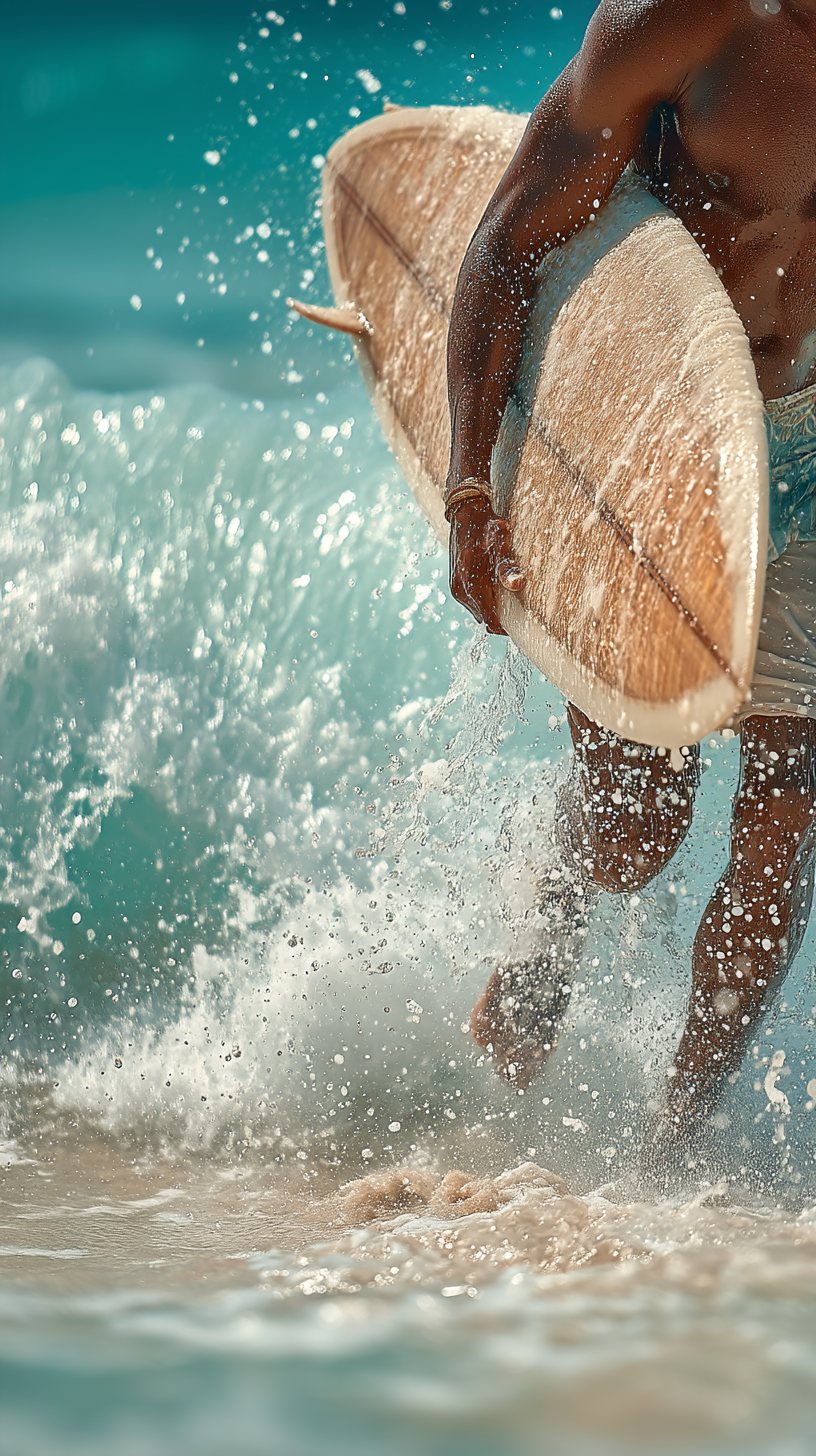 AI generated: Midjourney prompt: photography, tilt snap shot, surfer carrying singl... (Midjourney - Landscapes)