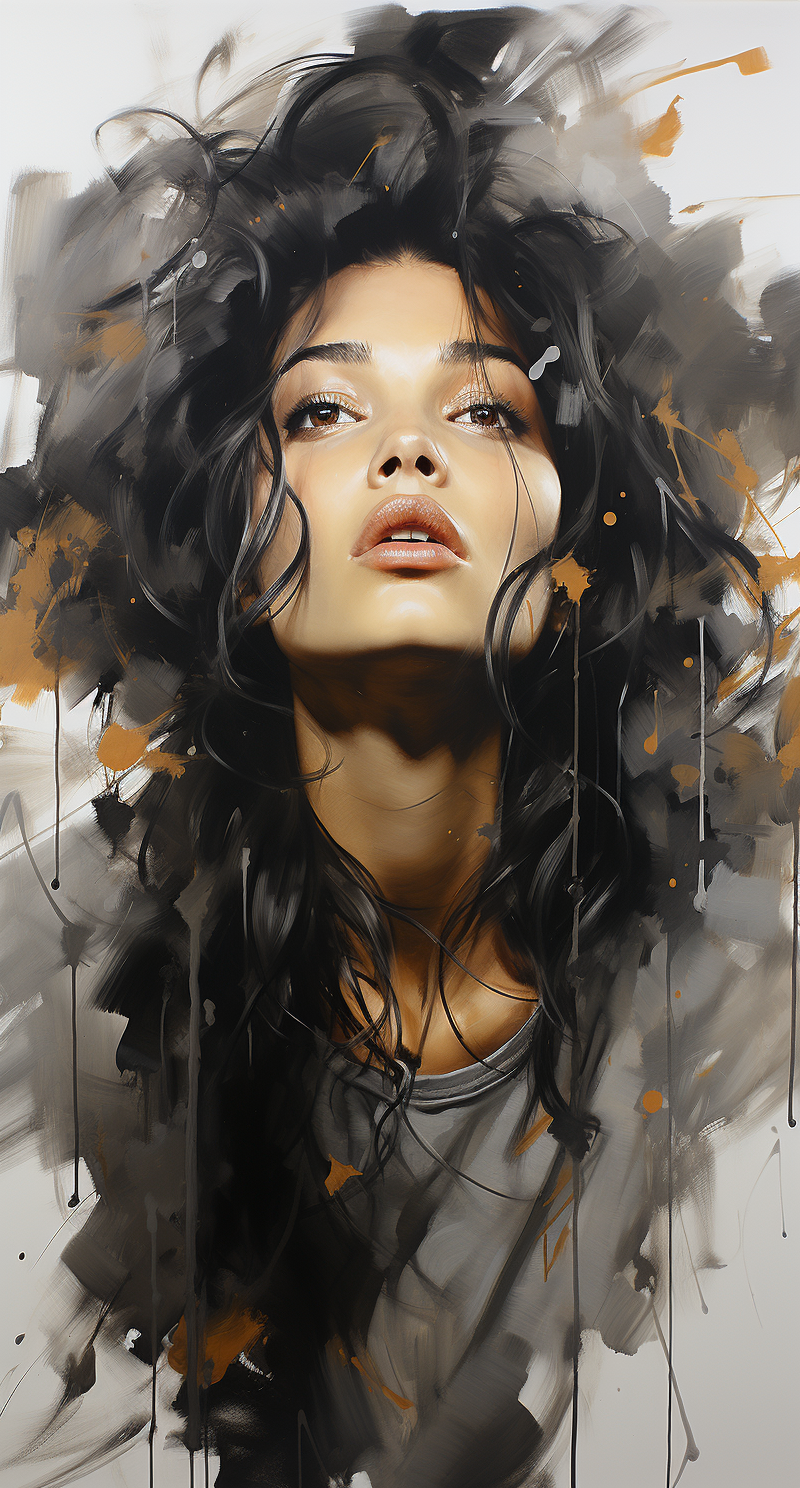 Midjourney prompt: a drawing of a woman with her hair in the air it i... - Midjourney