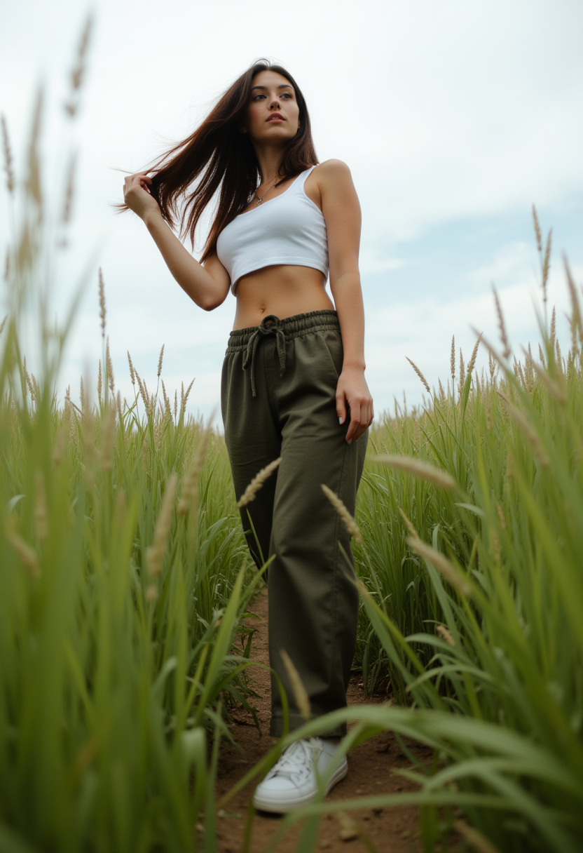 FLUX prompt: photograph of an overgrown grass field, woman, low... - FLUX