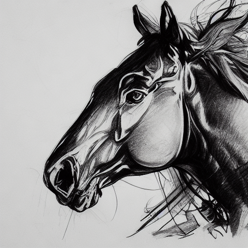 Stable Diffusion prompt: Drawing of full horse face , bla...