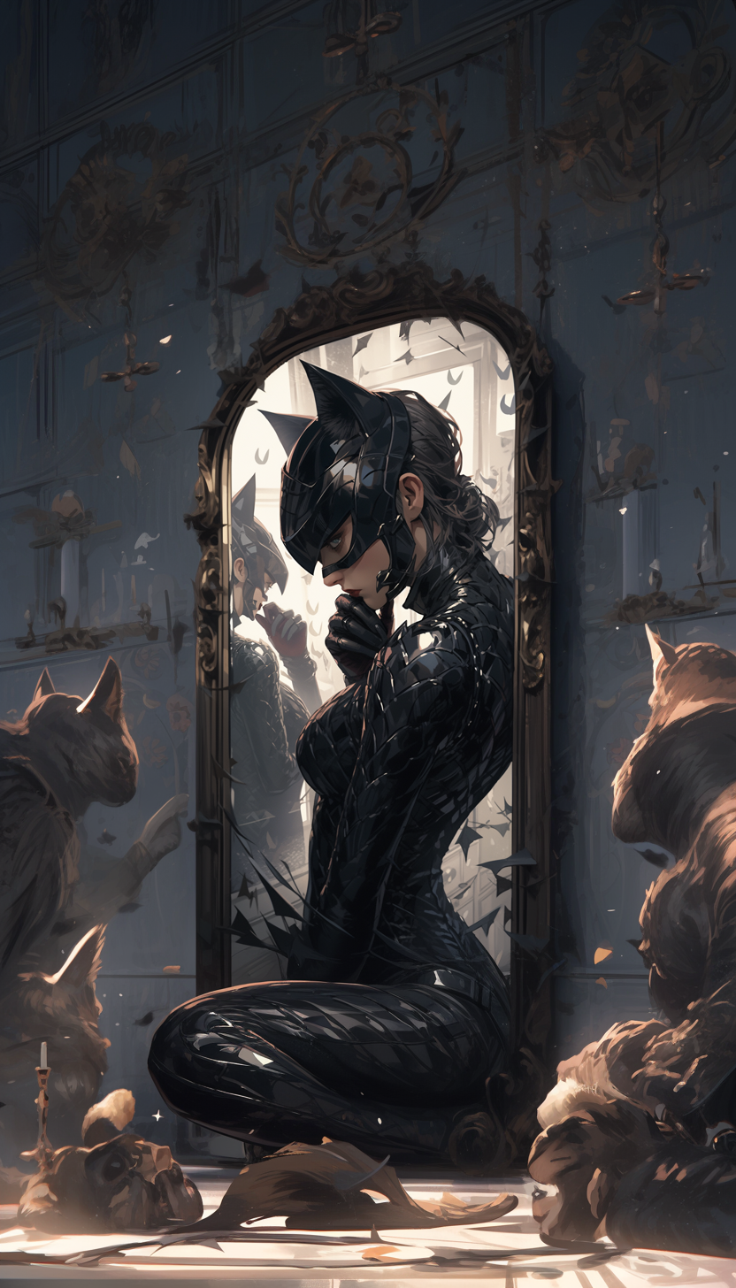AI generated: Midjourney prompt: Catwoman looks into a broken mirror, amazing body ... (Midjourney - Anime)