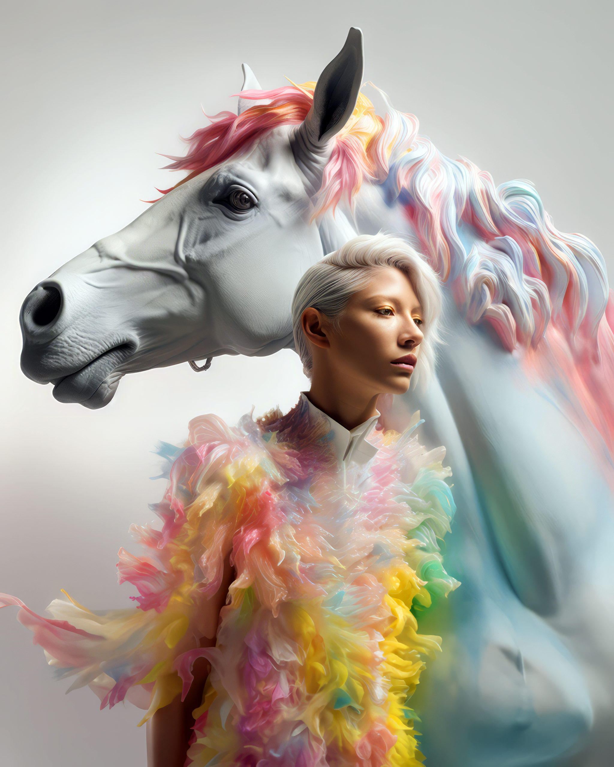 AI generated: Woman and her unicorn (Midjourney - Fashion)