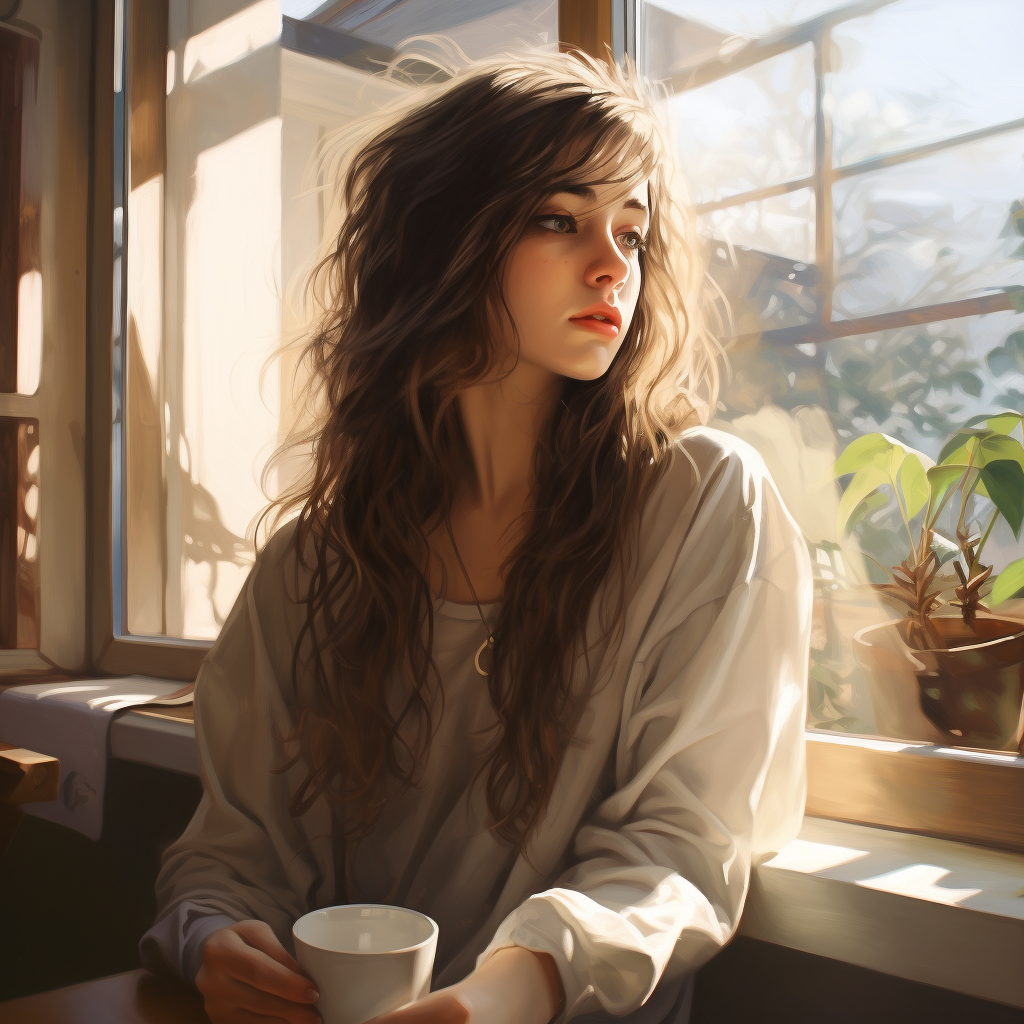 AI generated: Midjourney prompt: Girl with coffee by window, in the style of charmi... (Midjourney - Anime)