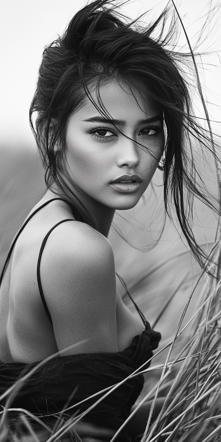Midjourney prompt: a young woman standing in the grass, in the style ... - Midjourney