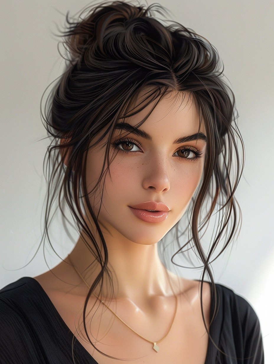 Midjourney prompt: Gorgeous brune woman with hair in a bun, in the st... - Midjourney