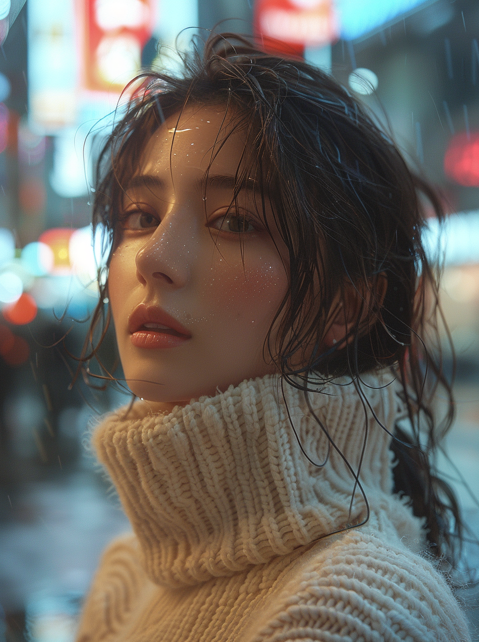 Midjourney prompt: Girl, white sweater, standing in a city, in the st... - Midjourney