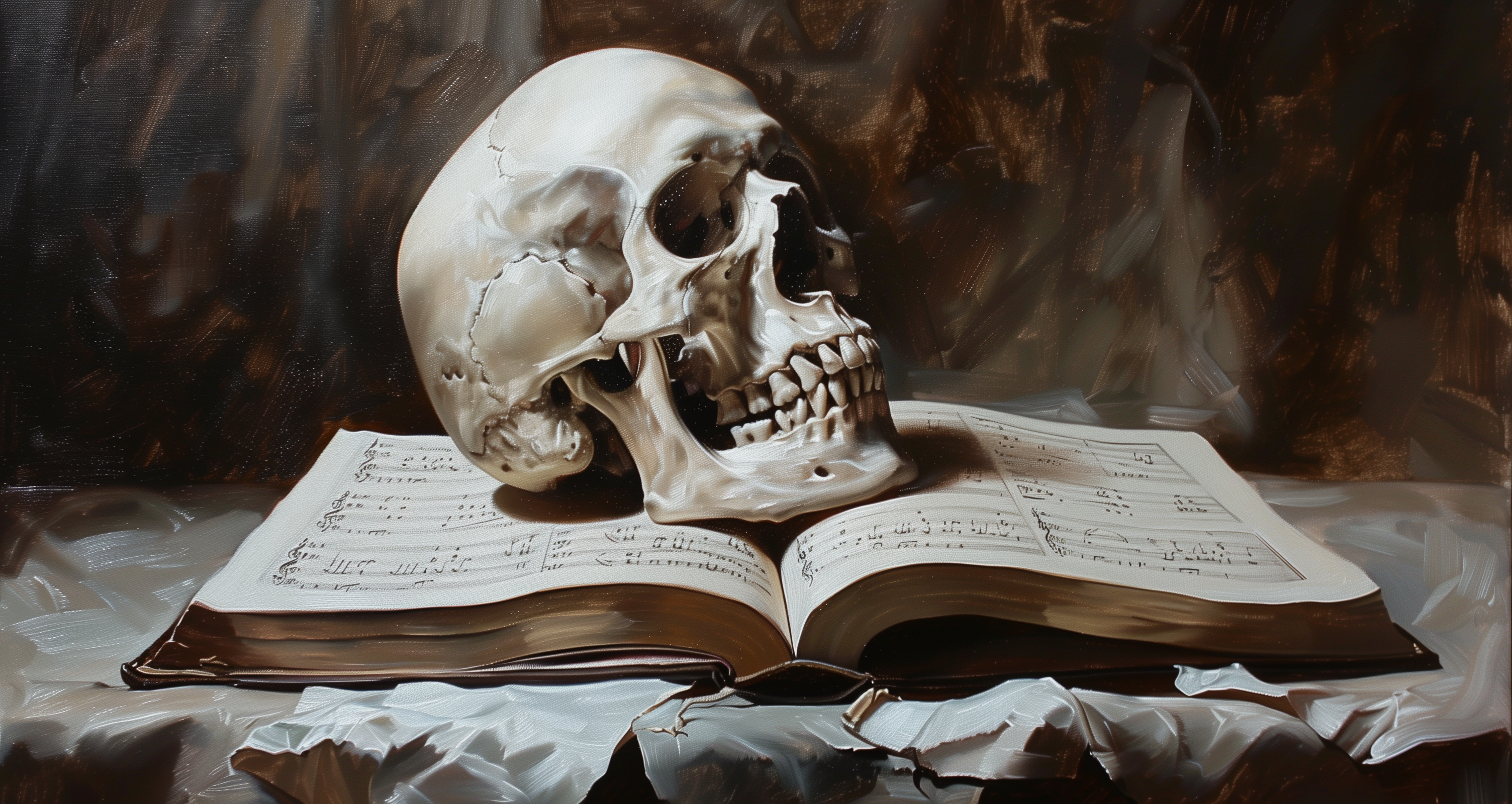 AI generated: Midjourney prompt: A skull with an open mouth, next to an opened book... (Midjourney - Concept Art)