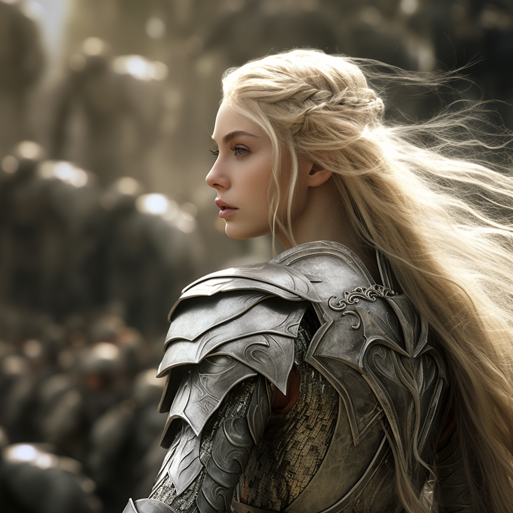 AI generated: Midjourney prompt: elf on a battle post as Galadriel, The Lord of the... (Midjourney - Character Design)