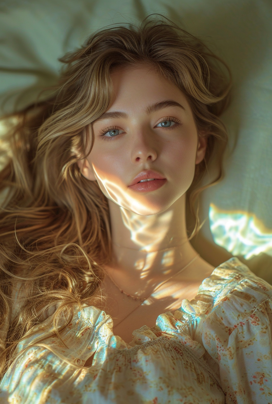 AI generated: Midjourney prompt: a woman with long hair laying in bed, in the style... (Midjourney - Photography)