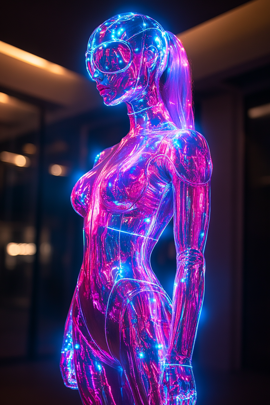 صورة مولدة بالذكاء الاصطناعي: Midjourney prompt: A futuristic, translucent mannequin with a sleek, ... (نموذج Midjourney - أزياء وموضة)