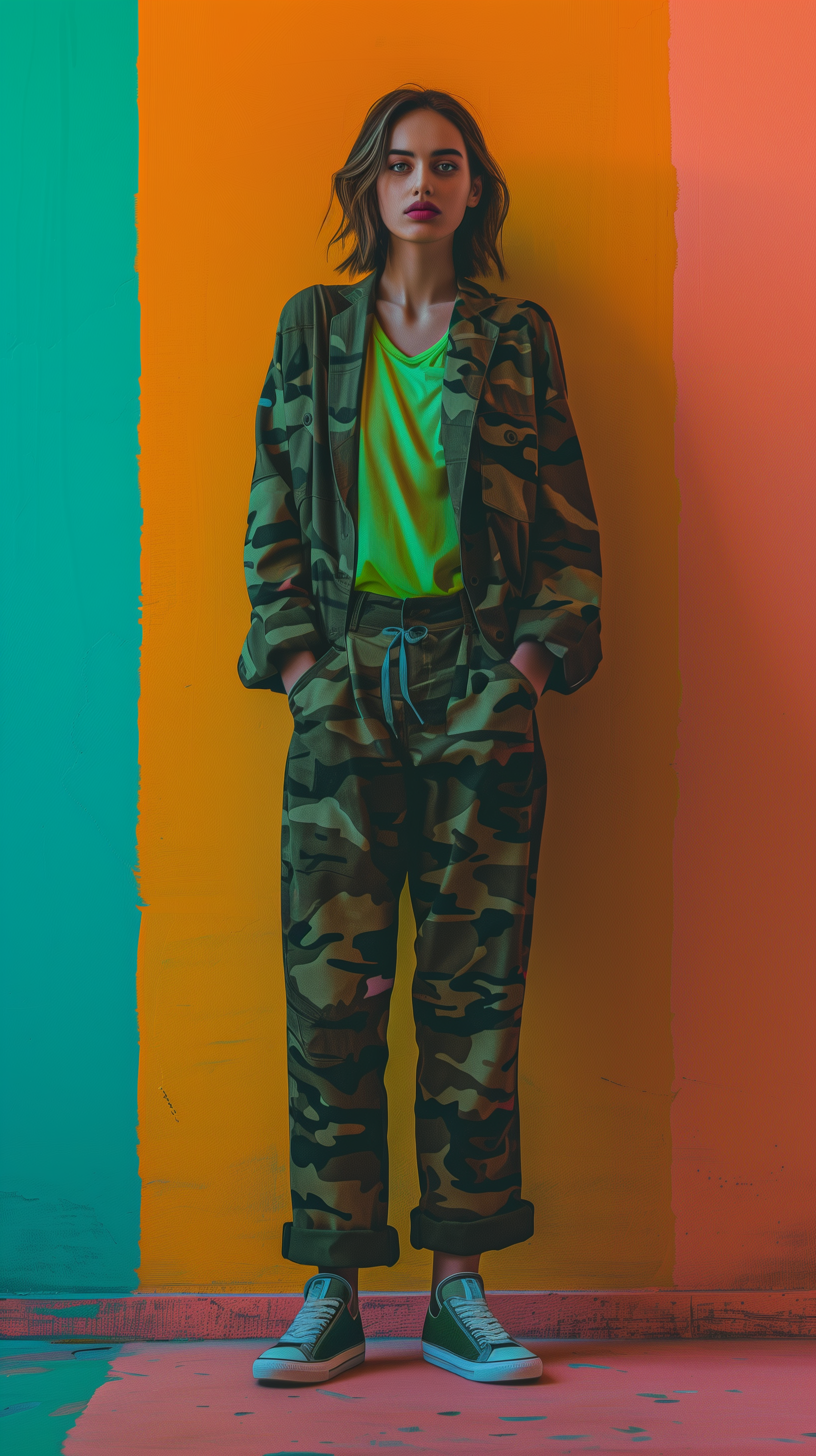 AI generated: Midjourney prompt: full-body of an woman, front view, wearing a camou... (Midjourney - Fashion)