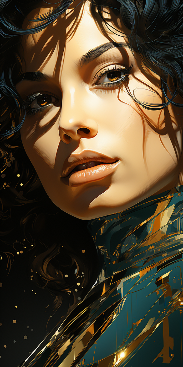 Midjourney prompt: a woman's portrait, and some of her hair, in the s... - Midjourney