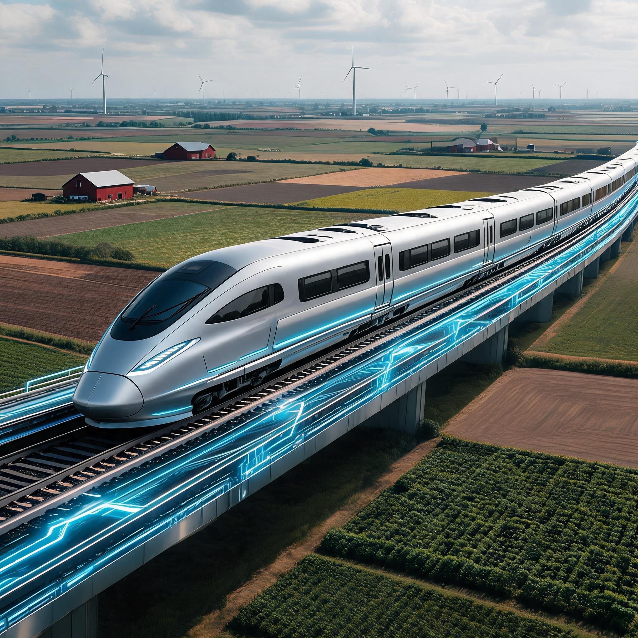 صورة مولدة بالذكاء الاصطناعي: موجّه Seedream 5: أنشئ صورة بمنظر جانبي لقطار عالي السرعة وعالي الطاقة... (نموذج Seedream 5 - فن مفاهيمي)