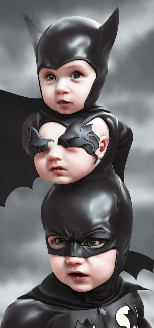 Stable Diffusion prompt: portrait of baby batman in actio...