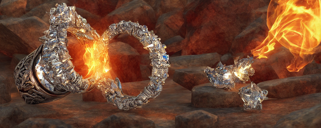 Stable Diffusion prompt: magic crystal ring, fire, flames...
