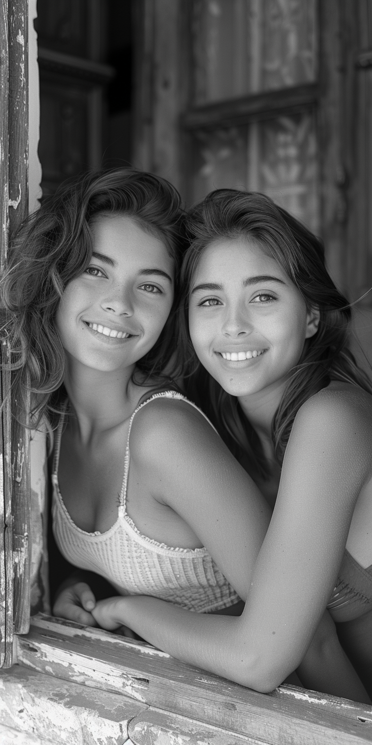 AI generated: Midjourney prompt: Two young women smiling and looking at the camera,... (Midjourney - Photography)