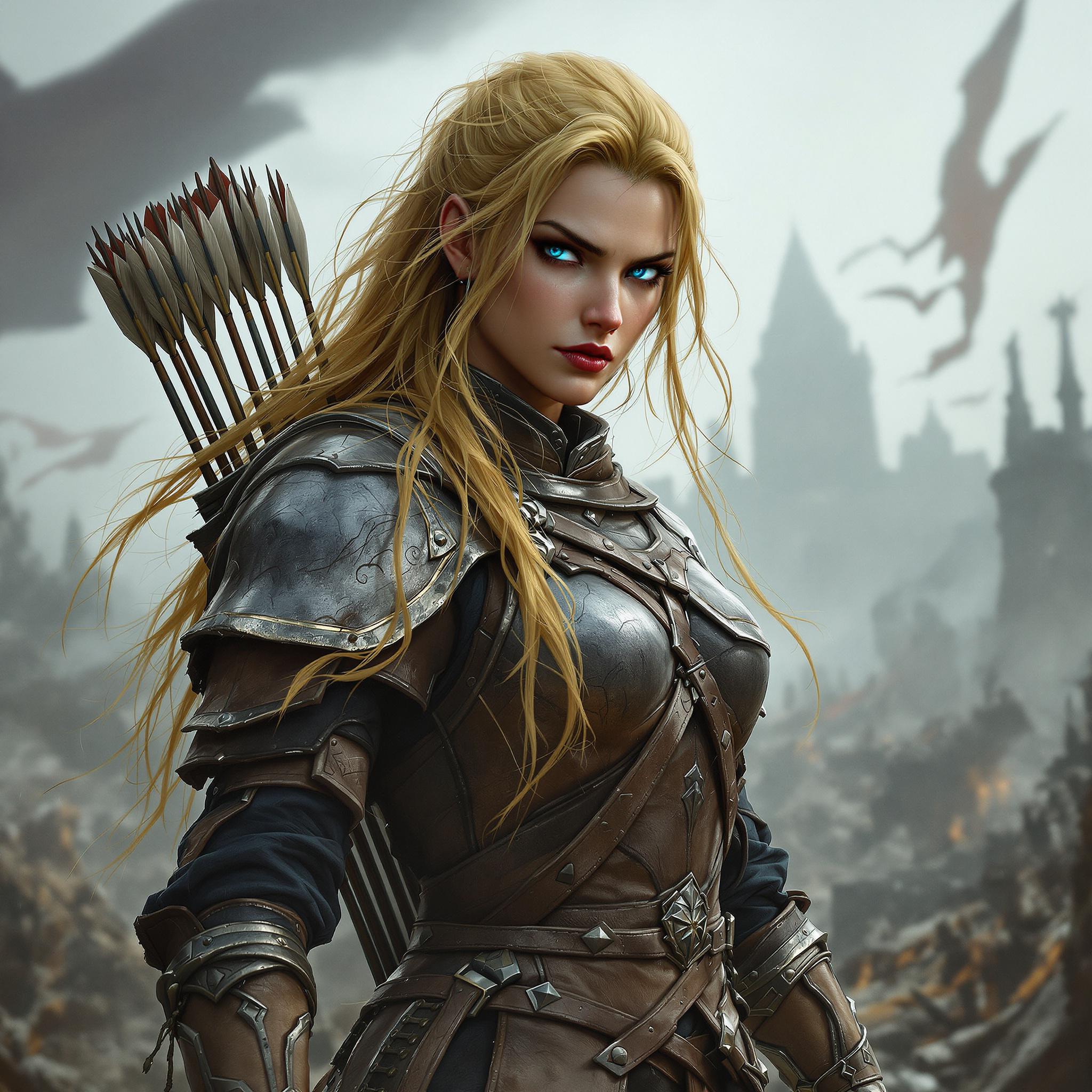 FLUX prompt: A fierce female warrior blue eye and yellow ...