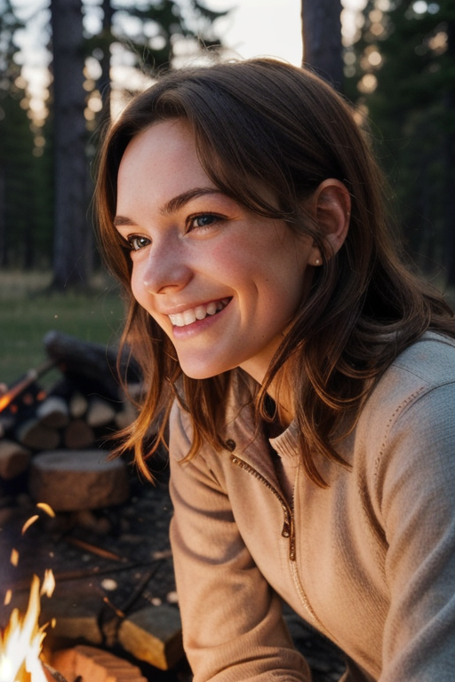 صورة مولدة بالذكاء الاصطناعي: Stable Diffusion prompt: close up of girls face, lit up by campfire, brunet... (نموذج Stable Diffusion - صور شخصية)