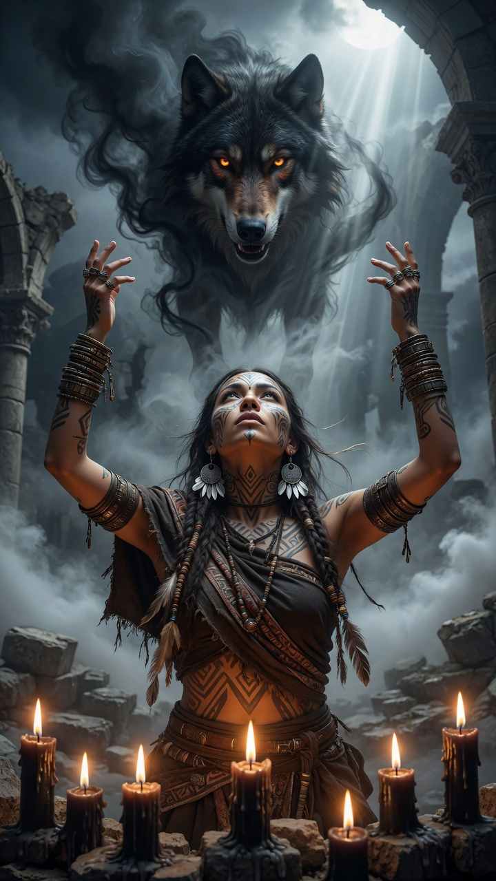 The central figure is a female shaman or priestess... - PromptHero