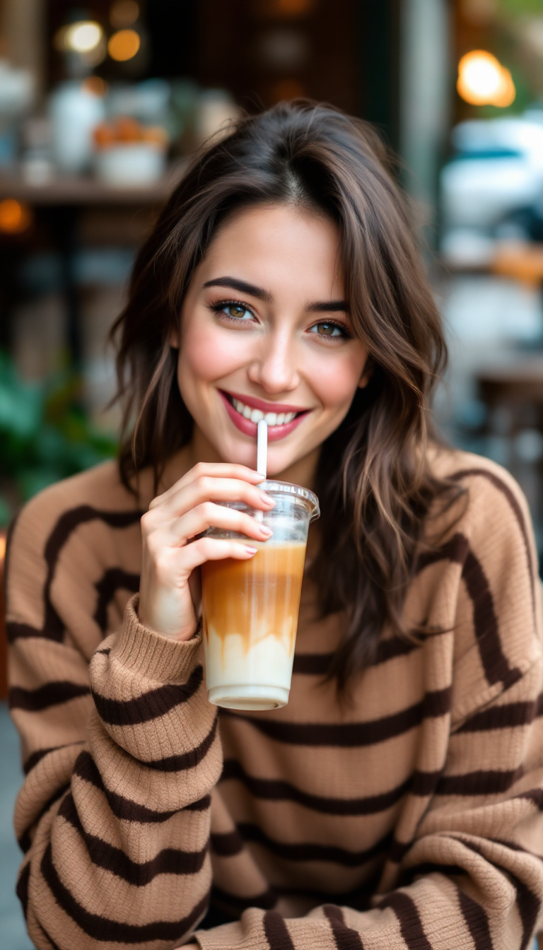 FLUX prompt: A woman sitting outdoors, sipping a drink from a t... - FLUX