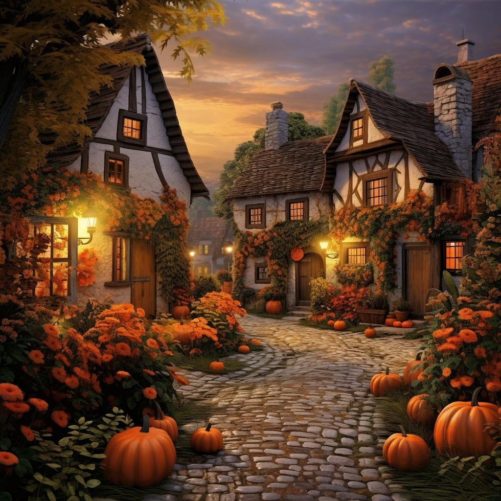 AI generated: Midjourney prompt: pumpkins, autumn sunset in the old village, cobble... (Midjourney - Architecture)