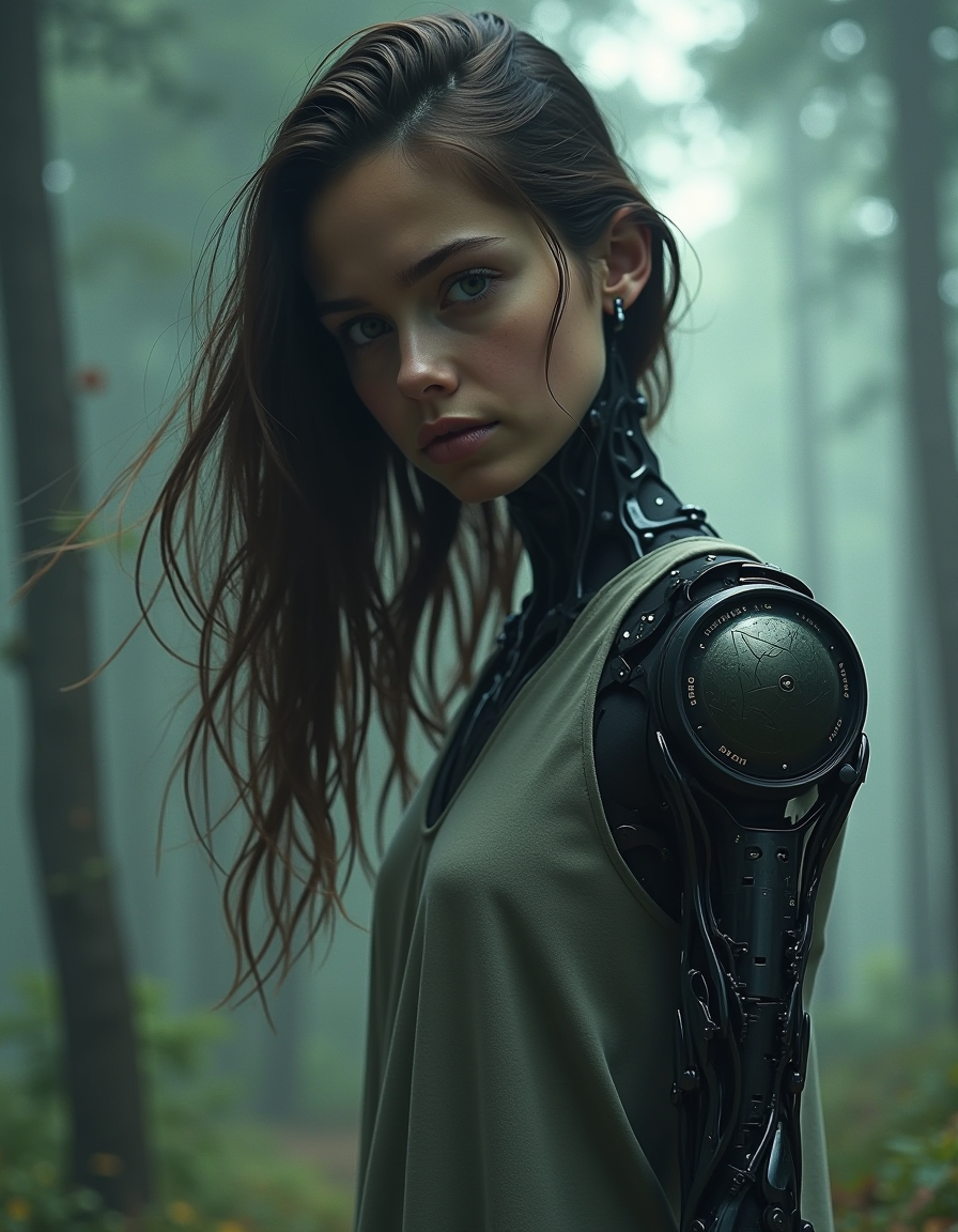 AI generated: FLUX prompt: a girl, semi-cyborg, biomechanical arms, medium sh... (FLUX - Portraits)
