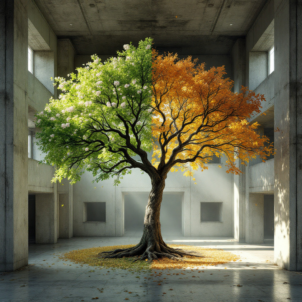 صورة مولدة بالذكاء الاصطناعي: FLUX prompt: A photorealistic scene of a tree growing in the ce... (نموذج FLUX - عمارة وتصميم)