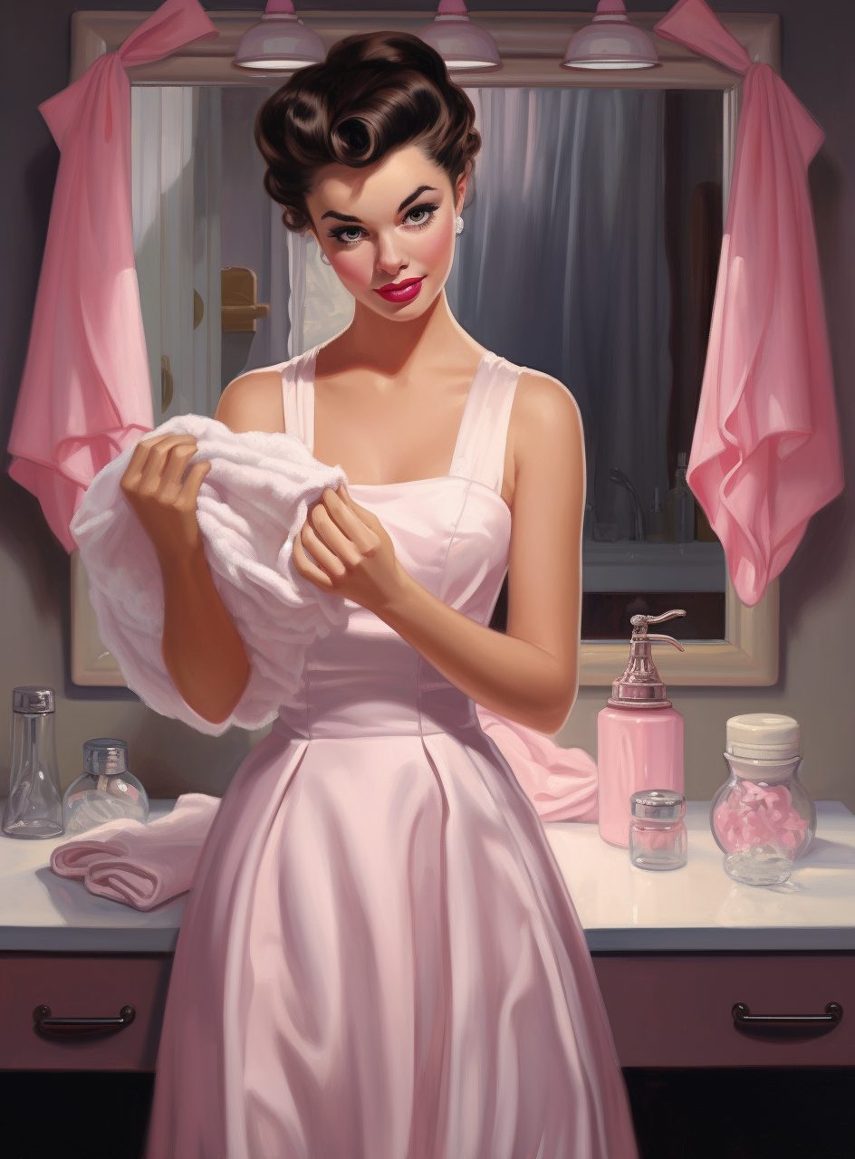 Midjourney prompt: a painting of a woman in a white dress putting on ... - Midjourney