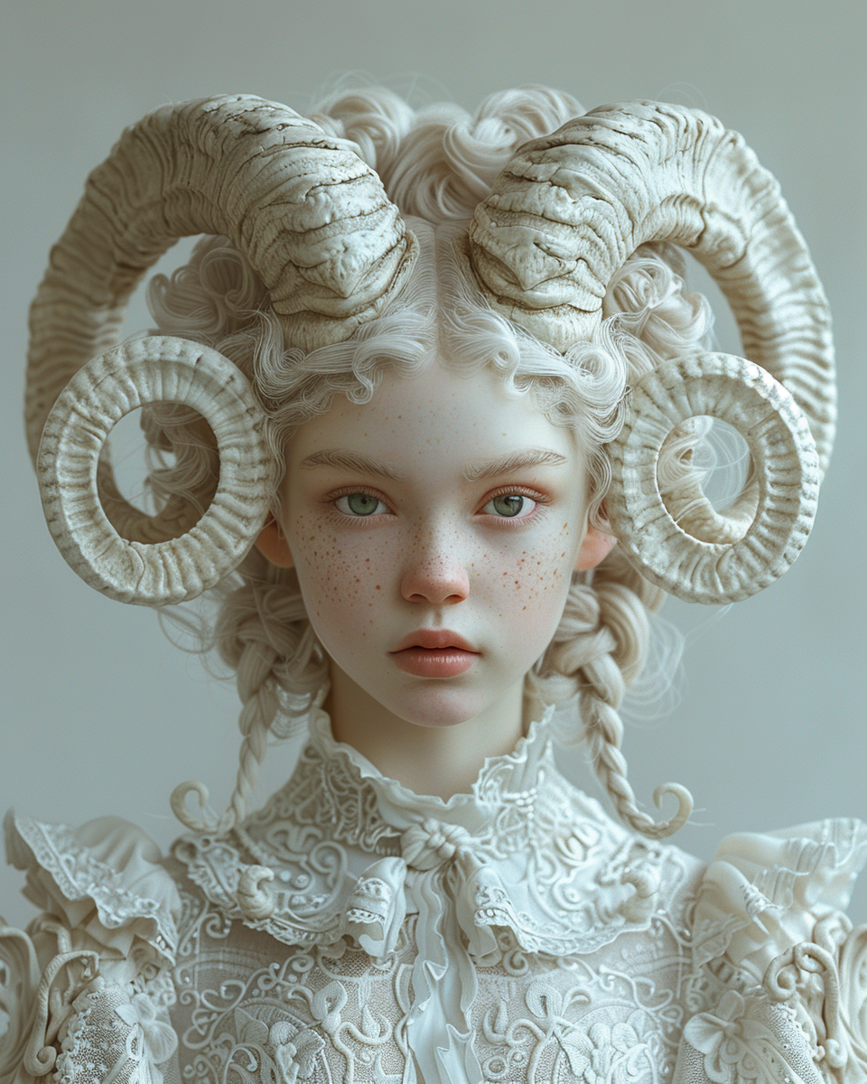 AI generated: Midjourney prompt: A girl with horns, white marble skin and braided h... (Midjourney - Photography)
