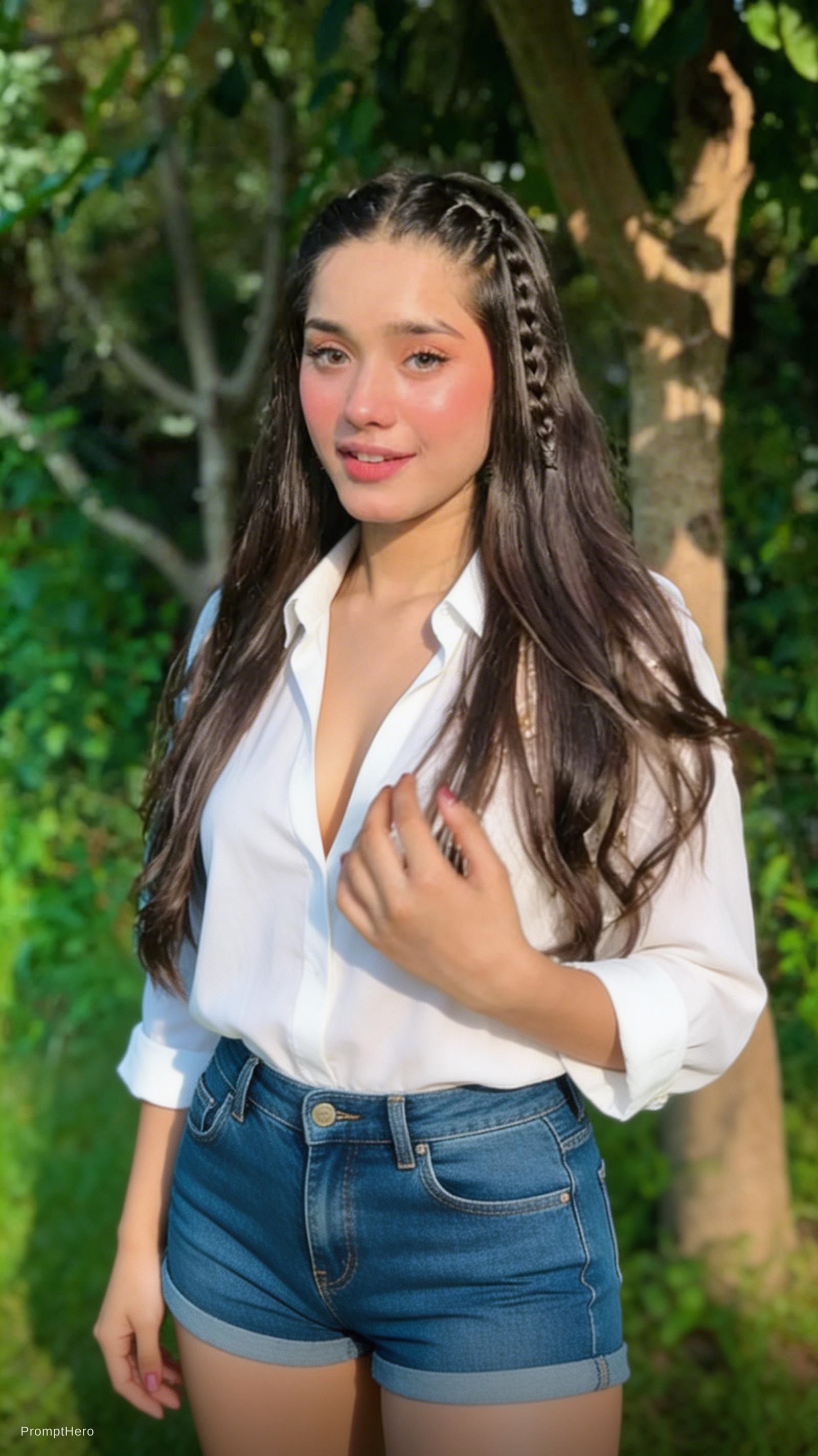 AI generated: Seedream 5 prompt: plunging neckline shirt, short jean shorts (Seedream 5 - Concept Art)