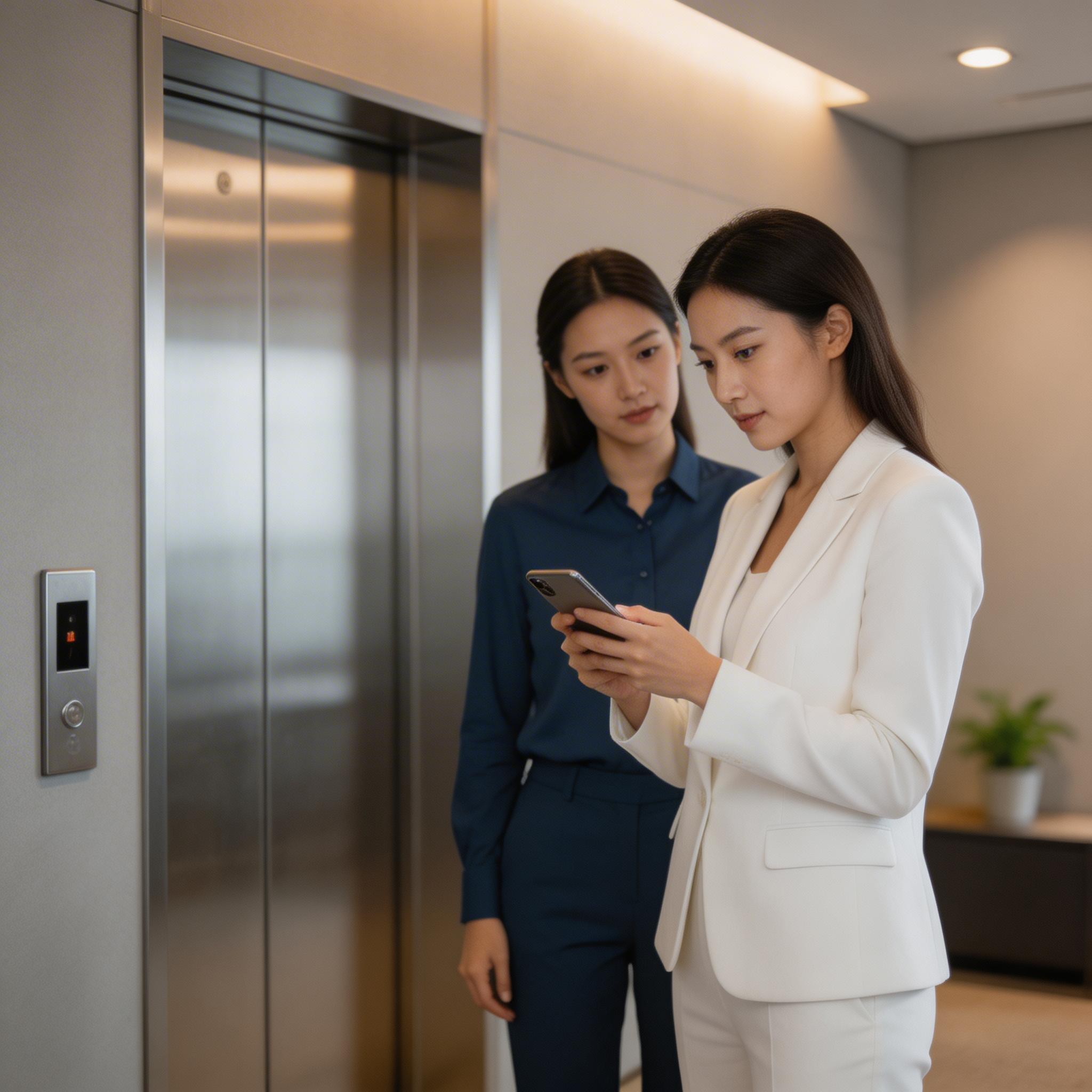 AI generated: Seedream 5 prompt: two women standing in front of an elevator, the fi... (Seedream 5 - Portraits)