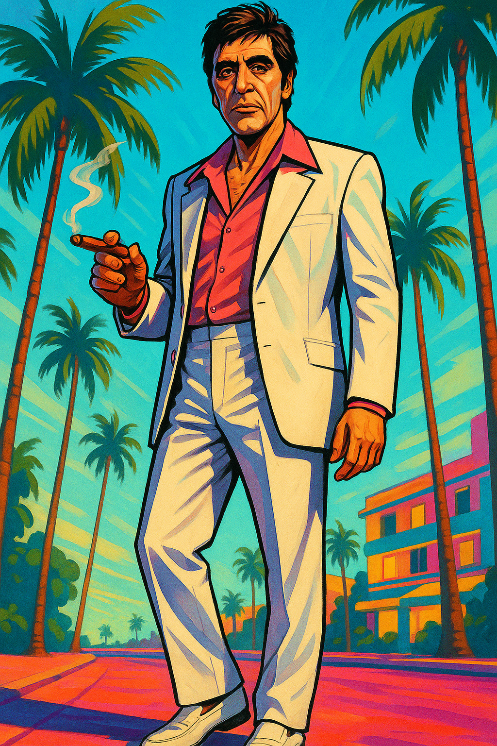 AI generated: ChatGPT Image prompt: Full-body illustration of Al Pacino in a stylized ... (ChatGPT Image - Concept Art)