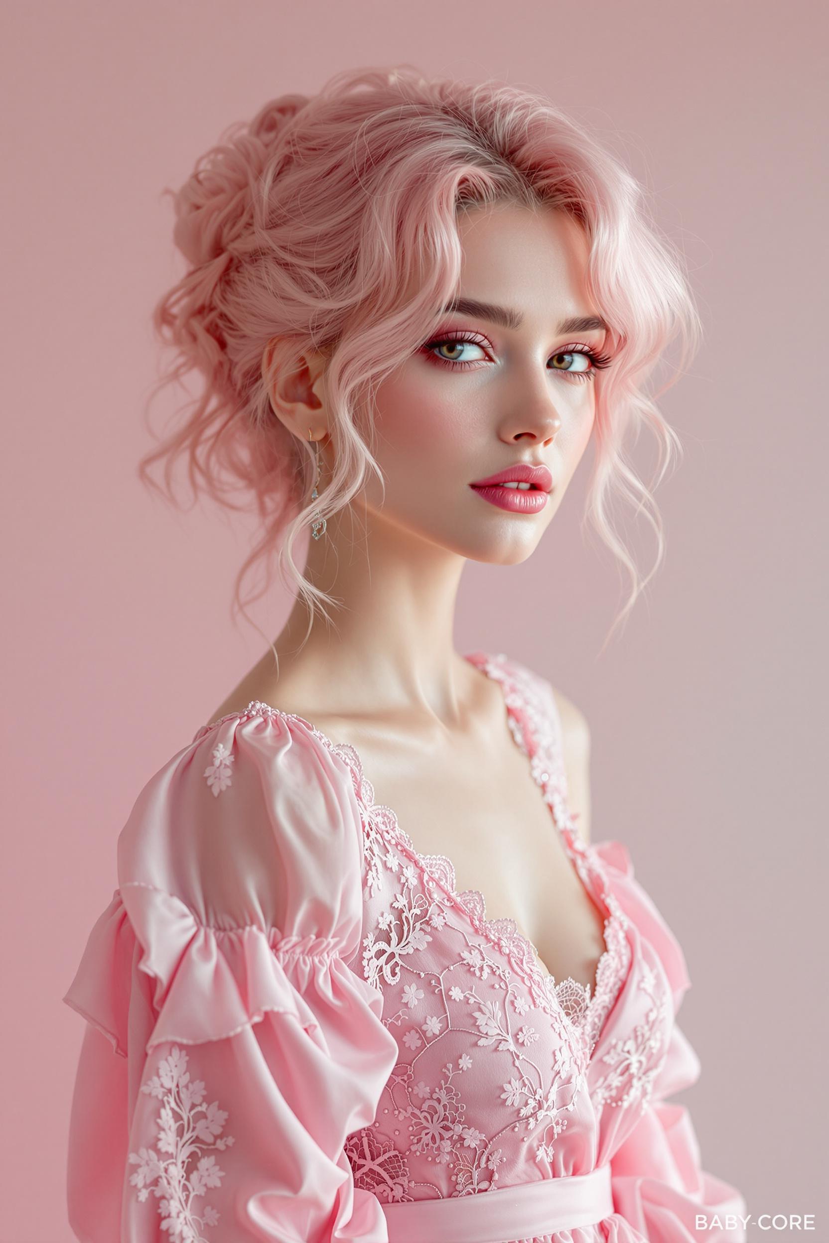 صورة مولدة بالذكاء الاصطناعي: FLUX prompt: Une femme aux cheveux roses dans une robe en dente... (نموذج FLUX - فن مفاهيمي)