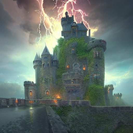 Stable Diffusion prompt: Castle surrounded by Moat, Rolli...