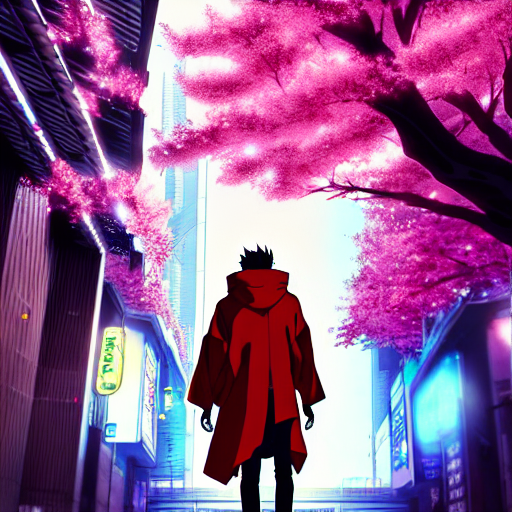 Stable Diffusion prompt: anime key visual of cyberpunk man in red cloak wal... - Stable Diffusion