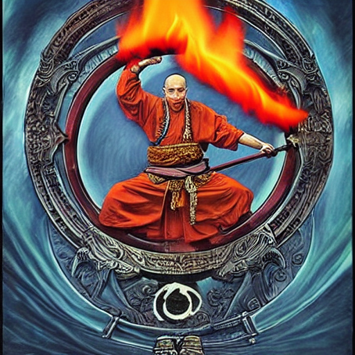 Stable Diffusion prompt: a monk wielding a flaming katana...