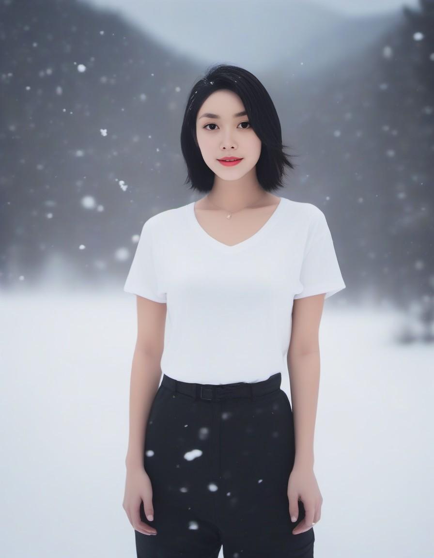 AI generated: DreamShaper prompt: Asian woman standing in the snow in a white t shir... (DreamShaper - Portraits)