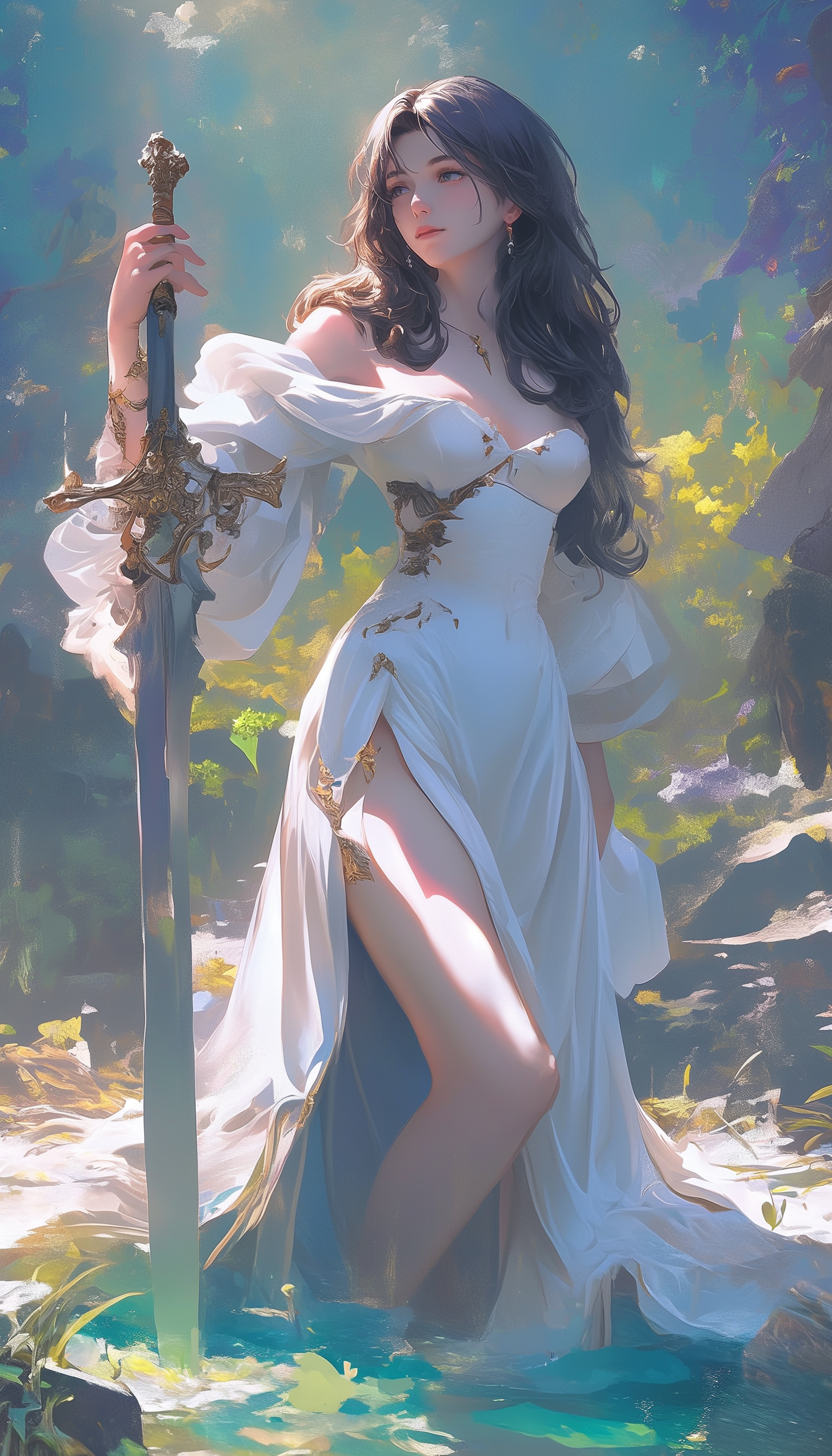 AI generated: Midjourney prompt: A beautiful princess in a white dress, holding a s... (Midjourney - Concept Art)