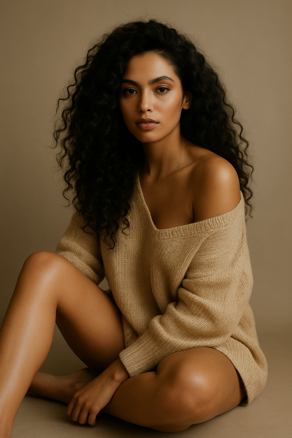 AI generated: ChatGPT Image prompt: A woman with long, curly hair sits elegantly again... (ChatGPT Image - Portraits)