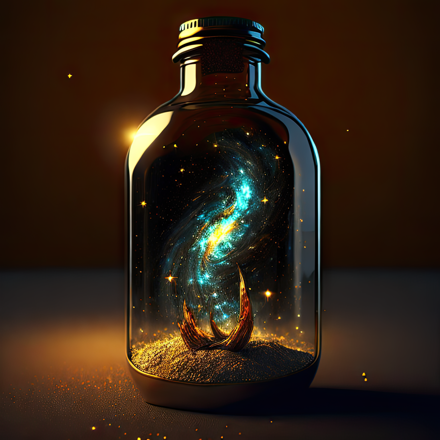 Stable Diffusion prompt: glass bottle sitting on top of a...