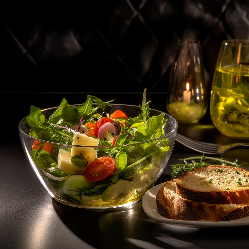 Midjourney prompt: food photography,vegetable salad in the glass bowl... - Midjourney