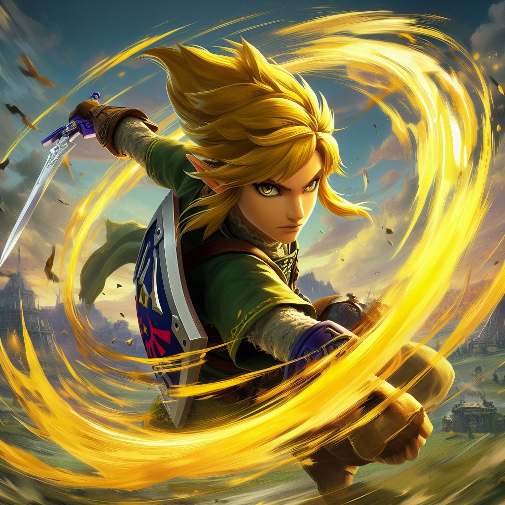 DALL·E prompt: an adult Link with shiny yellow hair and yellow au... - DALL·E
