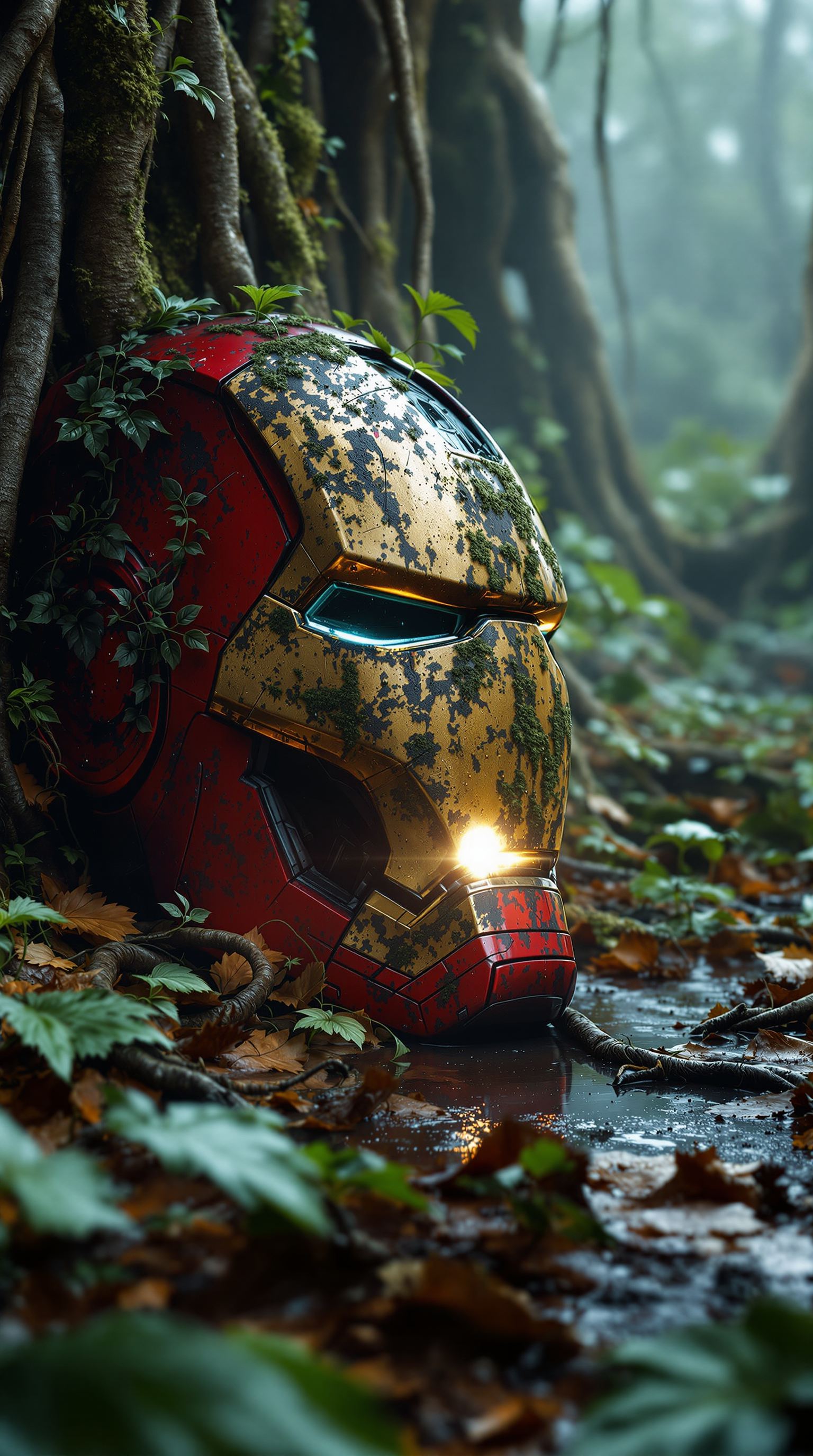 صورة مولدة بالذكاء الاصطناعي: FLUX prompt: A close-up of a heavily rusted Iron Man helmet lyi... (نموذج FLUX - صور شخصية)