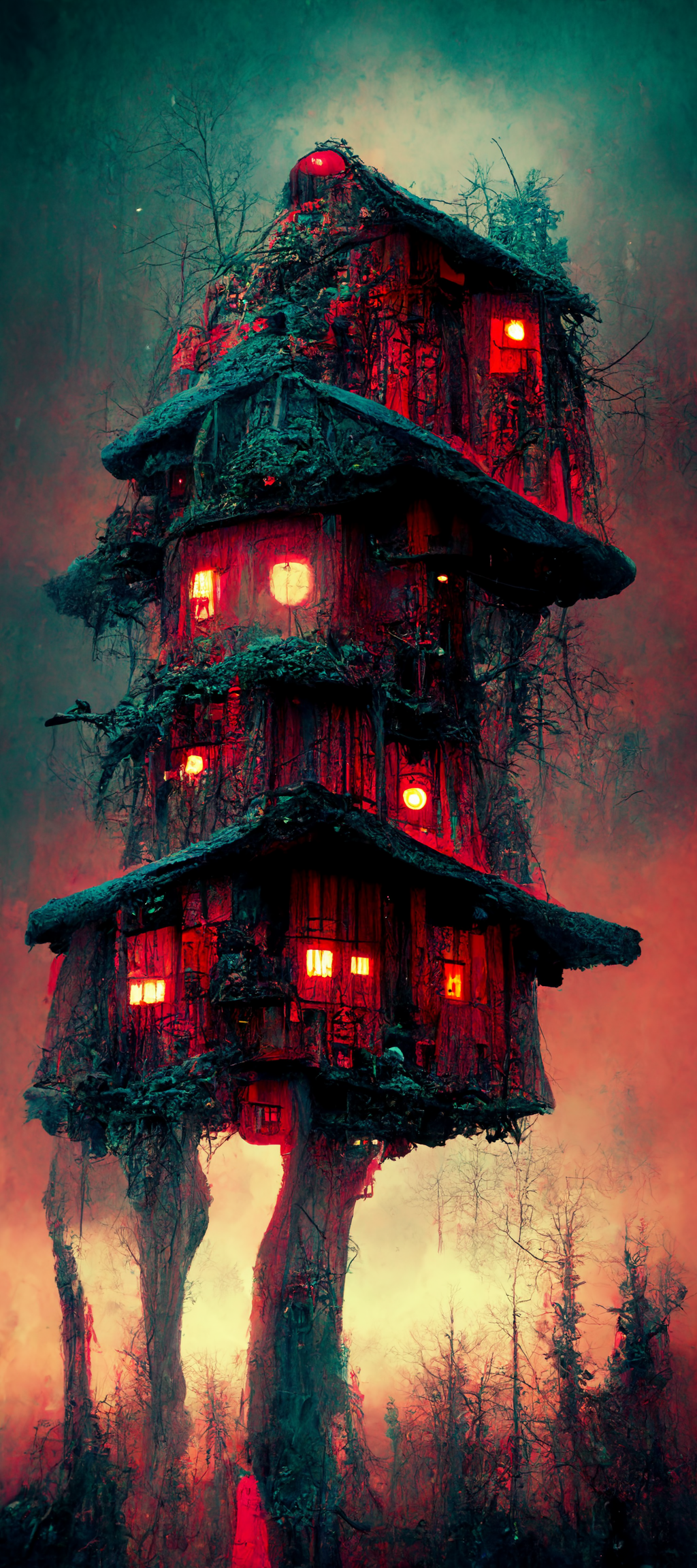 Red Rise Hut Midjourney prompt: slavic hut house standing on two high-...