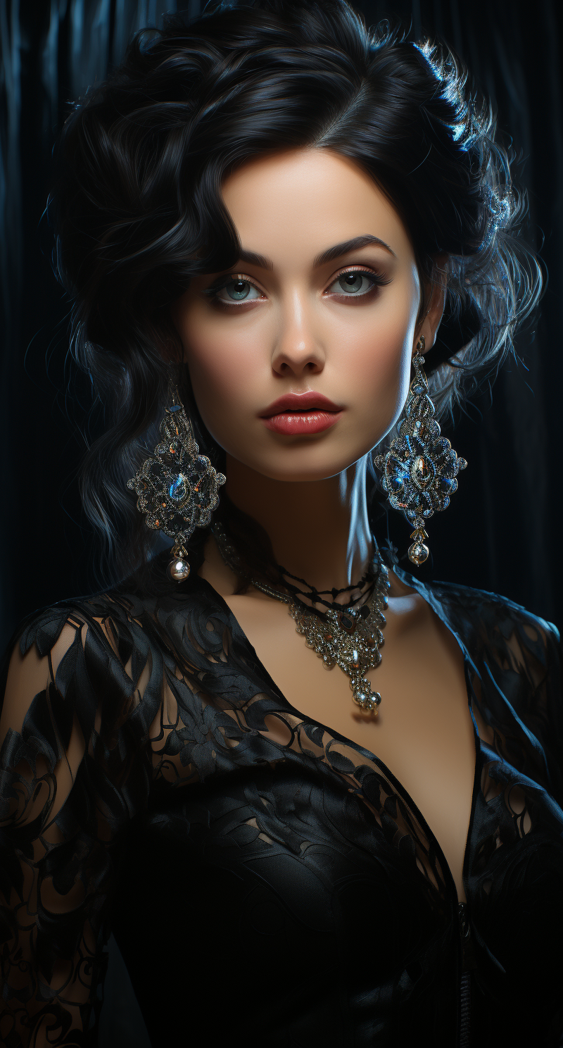 AI generated: Midjourney prompt: a woman with black earrings is holding a pendant, ... (Midjourney - Portraits)