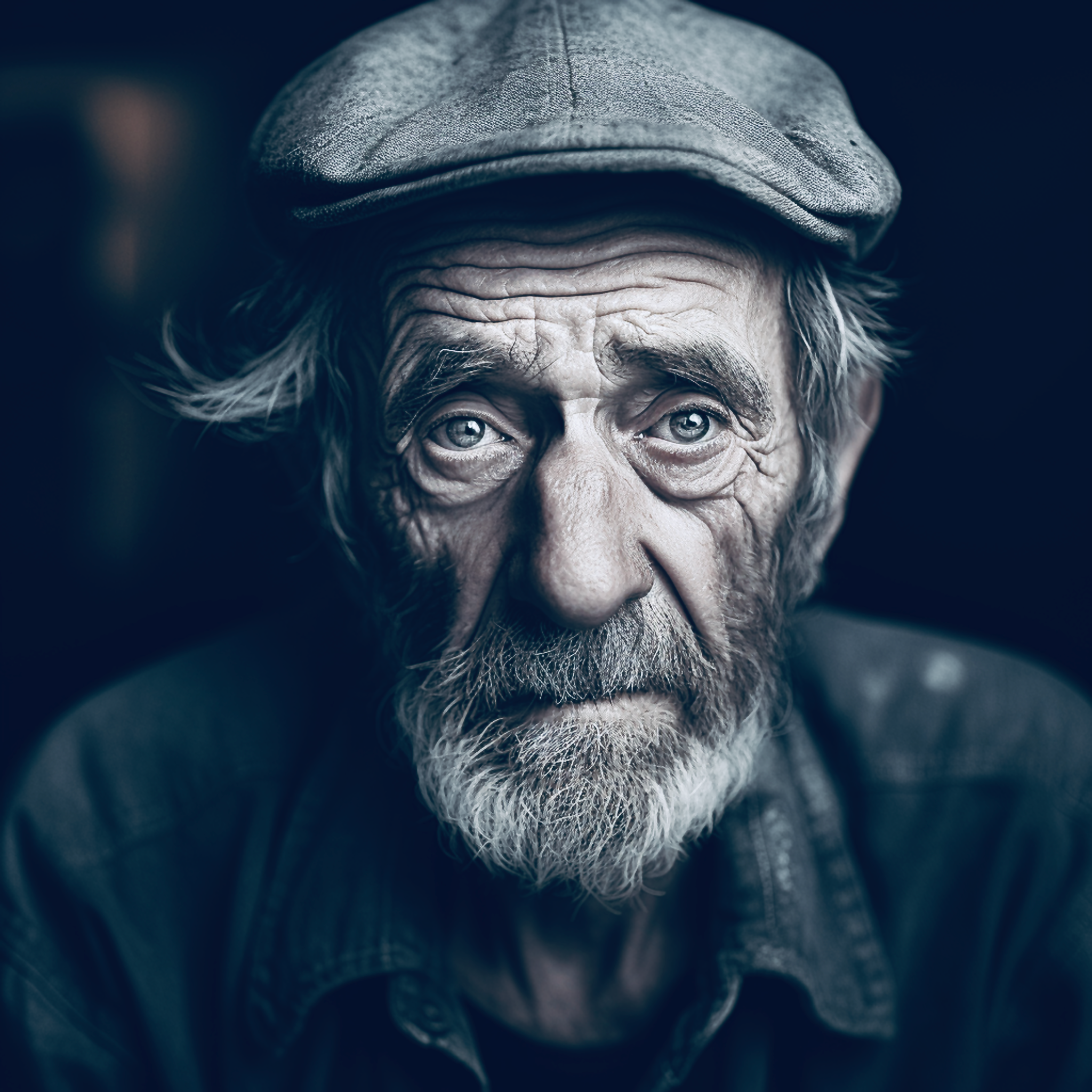 AI generated: Wise Old Man with Sad Eyes (Midjourney - Photography)