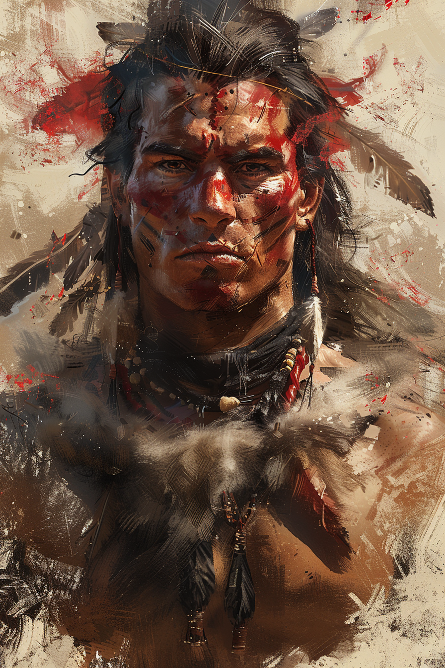AI generated: Midjourney prompt: A portrait of an Indian warrior with red paint on ... (Midjourney - Portraits)