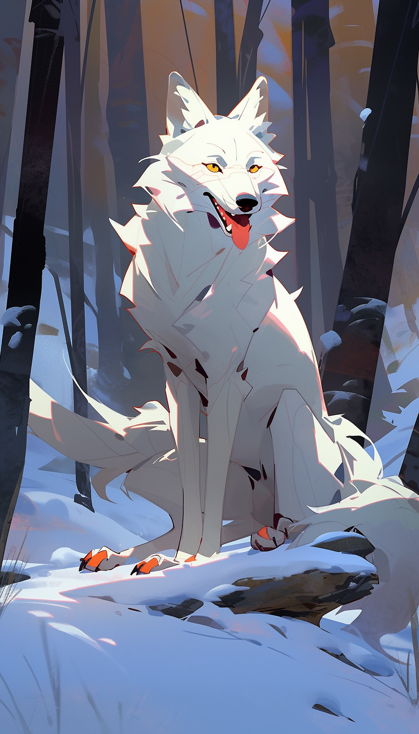AI generated: Midjourney prompt: Wolf, white wolf, in forest setting, snowy forest,... (Midjourney - Anime)